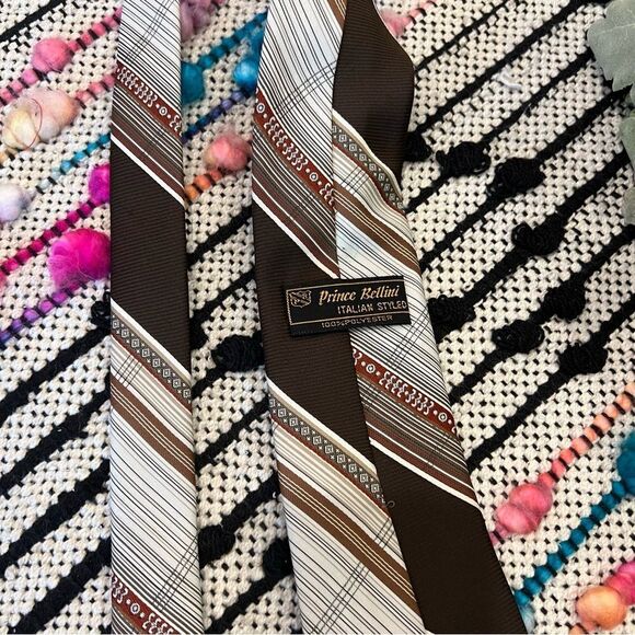 Prince Bellini Vintage Italian Styled Brown Tan Red Rust Striped Polyester Tie - Picture 4 of 5